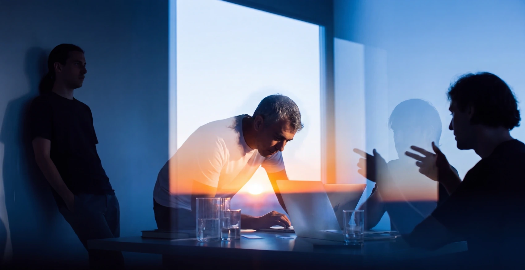 Double-exposure image of colleagues working together, illustrating product modernisation and integrations