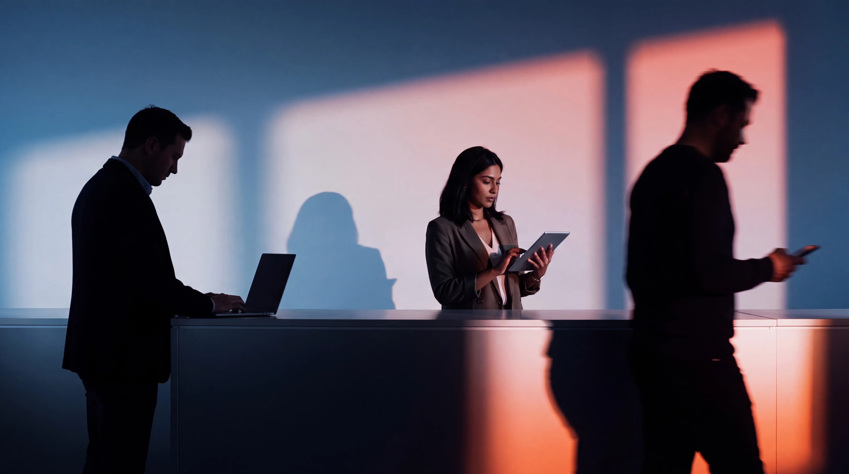Three professionals working with laptops and a tablet in a light-filled office