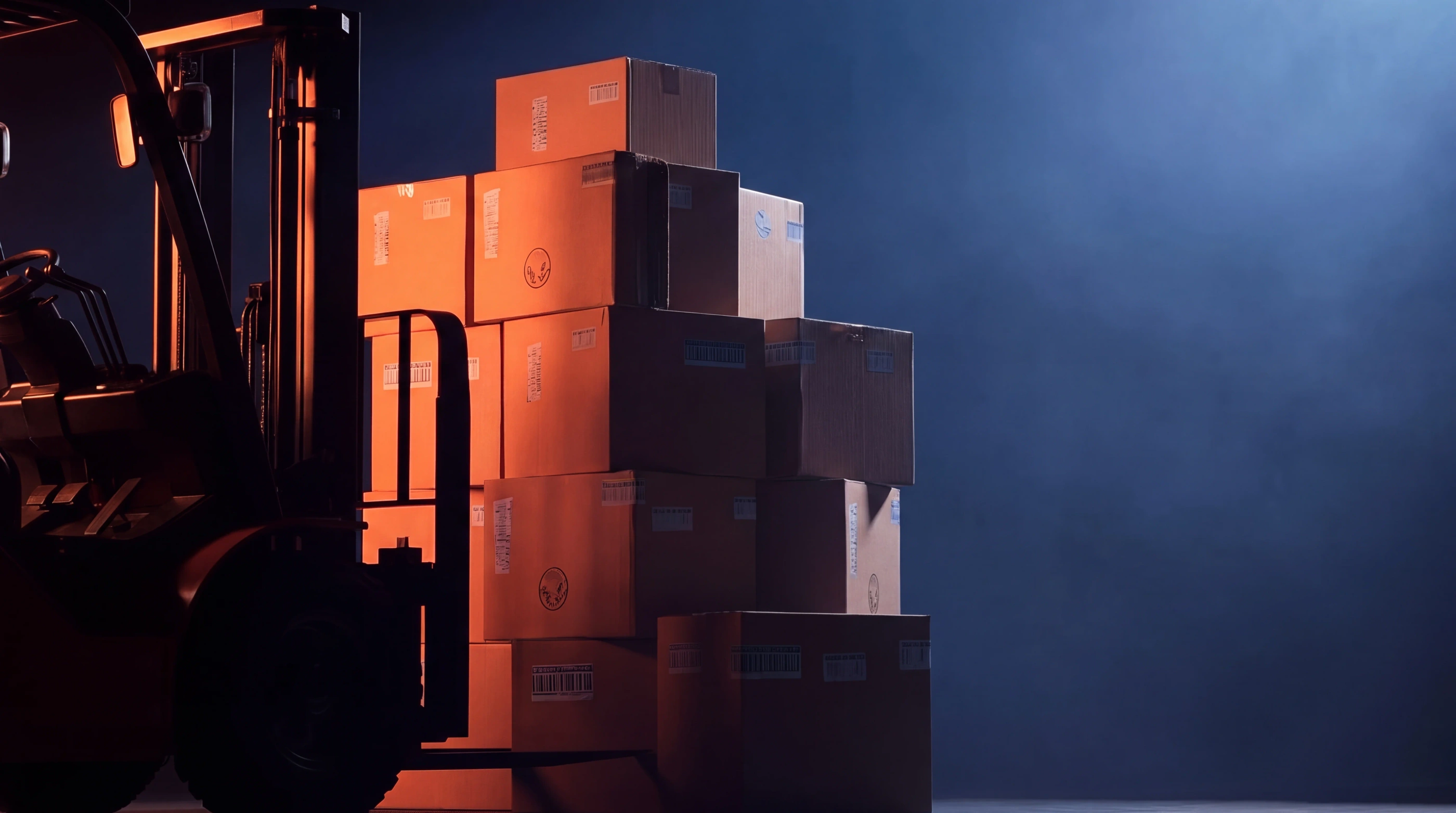 Forklift beside stacked parcels in a fulfilment warehouse