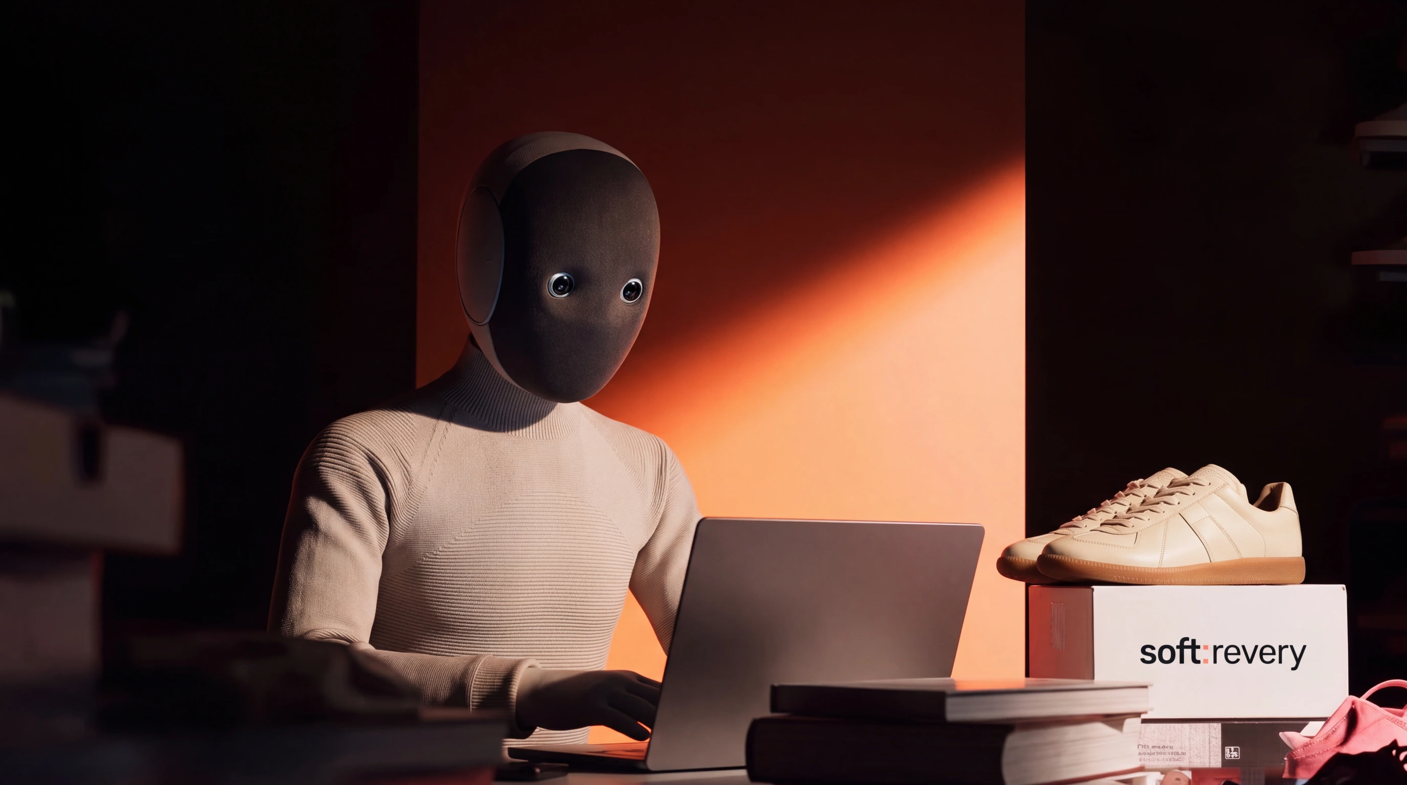 Humanoid product designer working on a laptop beside a branded product display