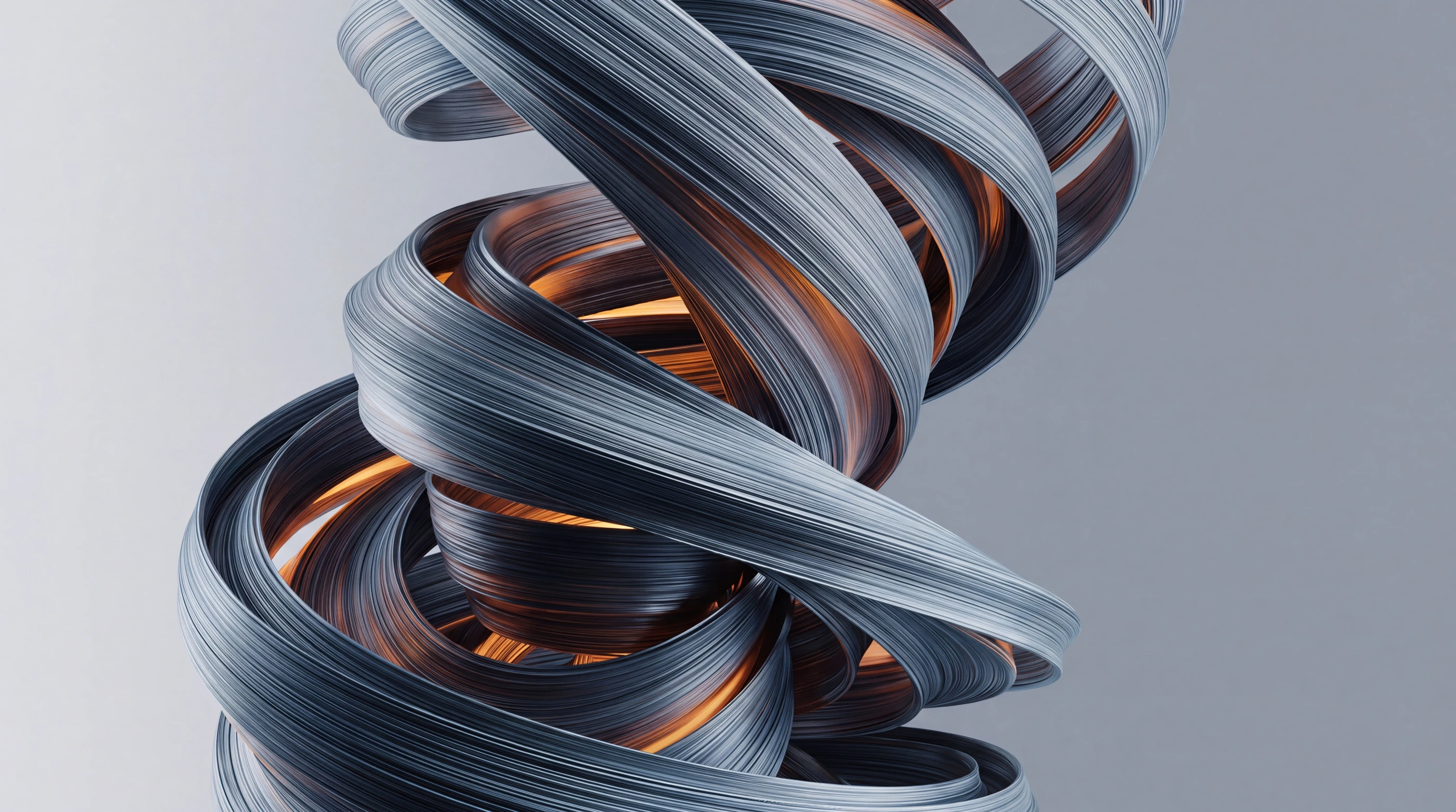 Interwoven metallic ribbons with warm highlights, illustrating connected SaaS product engineering